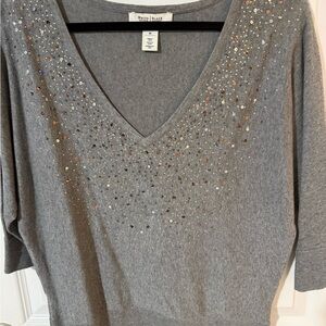 White House Black Market Gray Embellished V-Neck Top